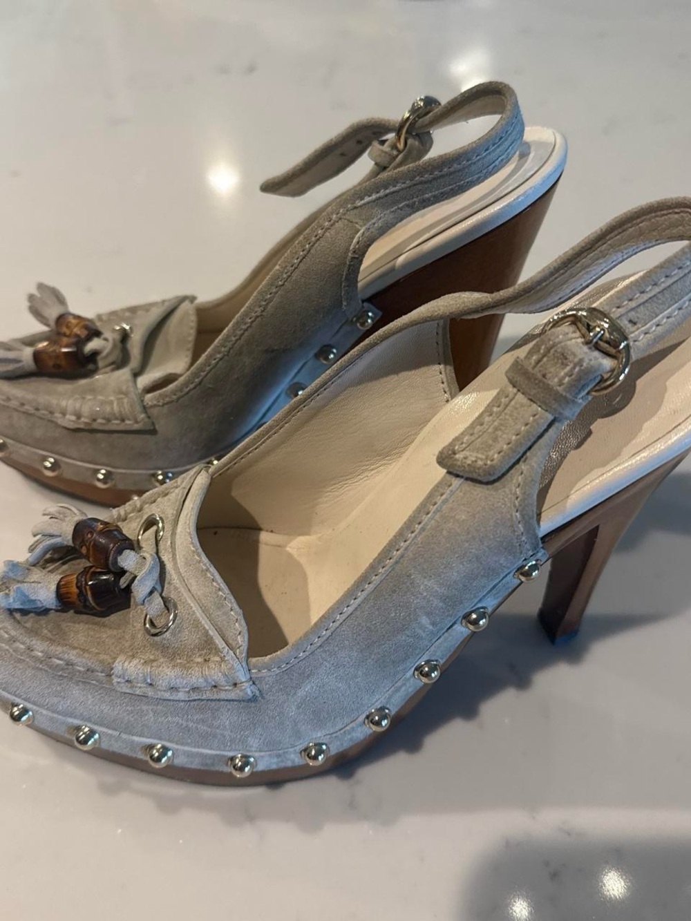Women's Gray Suede Slingback Heels with Tassel Detail